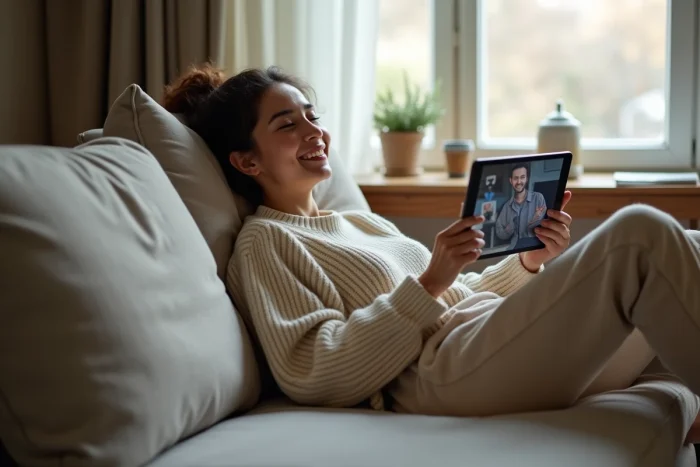 Jeune femme regardant une plateforme de streaming sur tablette confortablement installée dans son salon