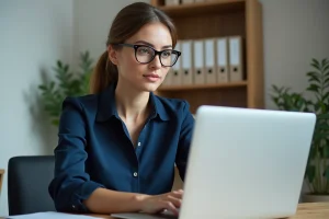 Femme professionnelle utilisant le service CAFC en ligne sur un ordinateur portable dans un bureau à domicile