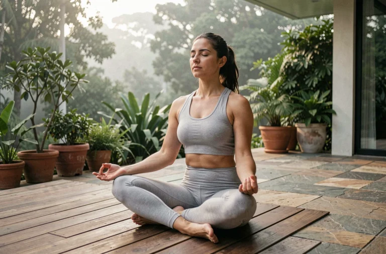 Femme pratiquant la méditation et le yoga en plein air sur une terrasse en bois entourée de verdure pour améliorer son bien-être quotidien