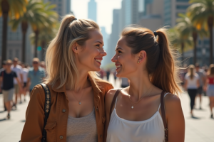 Deux femmes marchent dans la ville ensoleillée avec sourires naturels