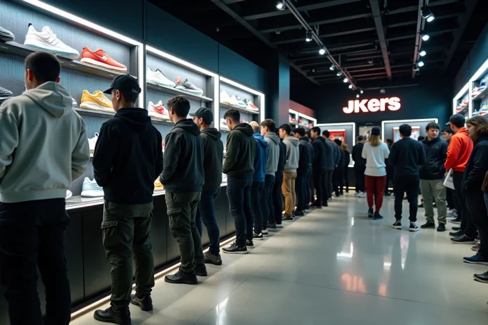 File d'attente devant une boutique de sneakers lors d'un drop en édition limitée, illustrant les enjeux du retail et de la revente