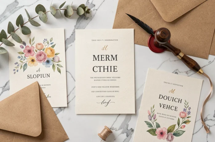 Flat lay de plusieurs faire-part de mariage originaux et gratuits sur marbre blanc avec enveloppes kraft et décoration florale