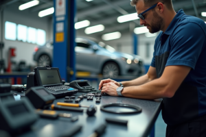 Enthousiaste automobile dans un garage moderne utilisant outils de diagnostic