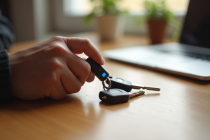 Une main fixant un petit GPS sur des clés de voiture sur un bureau en bois clair
