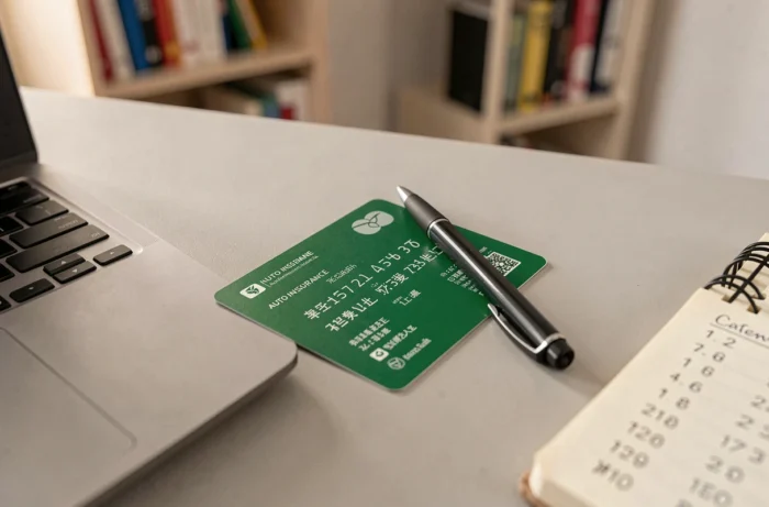 Gros plan sur une carte verte d'assurance auto posée sur un bureau avec stylo et carnet pour noter le numéro