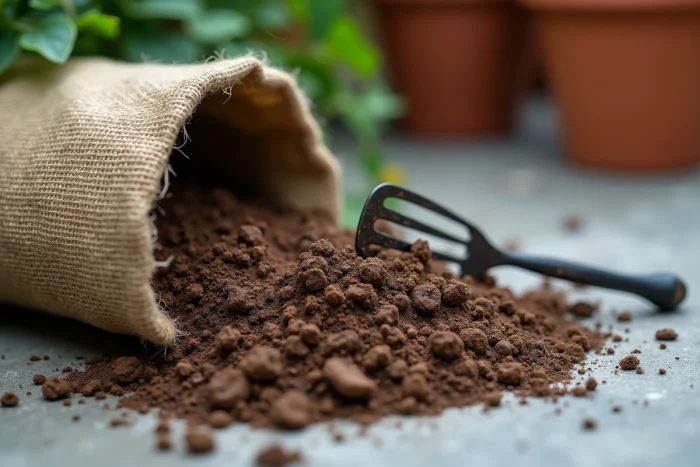 Gros plan sur un terreau usagé avec moisissures et compaction versé sur une surface en béton