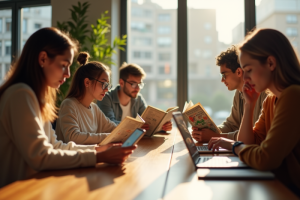 Groupe de jeunes lisant manga sur table moderne lumineuse