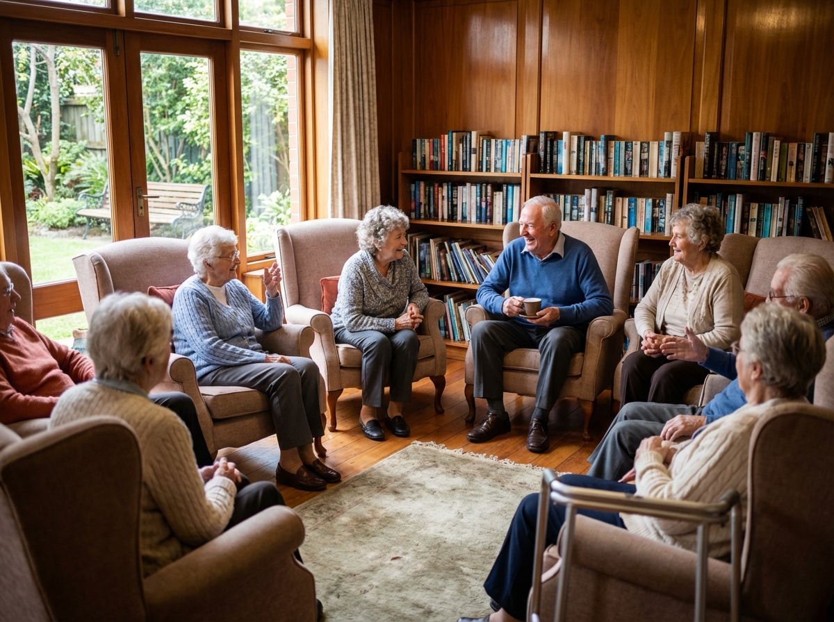 Groupe de seniors discutant dans un salon convivial