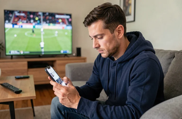 Homme consultant l'application TicTac Sport en temps réel sur smartphone depuis son salon