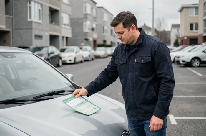 Homme consultant sa carte verte d'assurance auto devant son véhicule pour trouver le numéro
