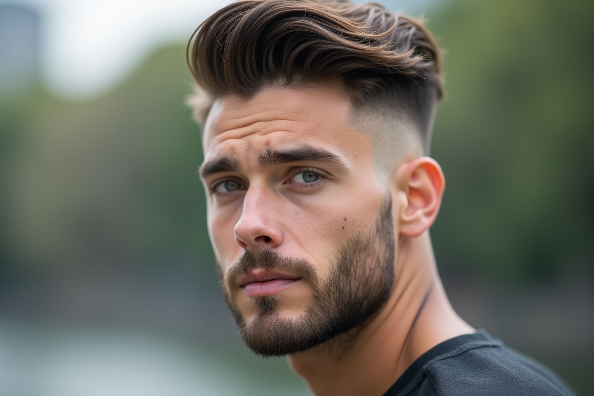 Homme avec coupe fade en extérieur sous lumière naturelle