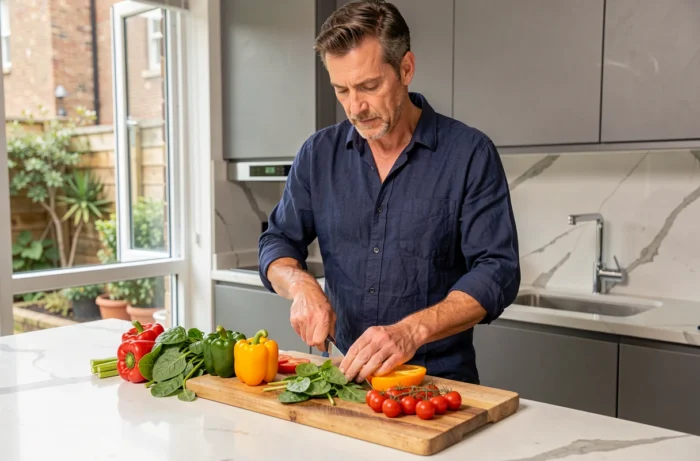 Homme préparant un repas sain avec des légumes frais dans une cuisine moderne pour prendre soin de sa santé au quotidien