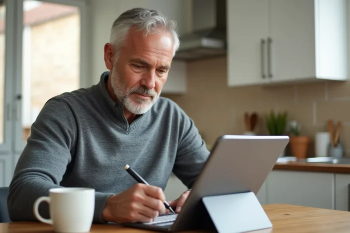 Homme remplissant un formulaire CAFC en ligne sur une tablette dans une cuisine moderne