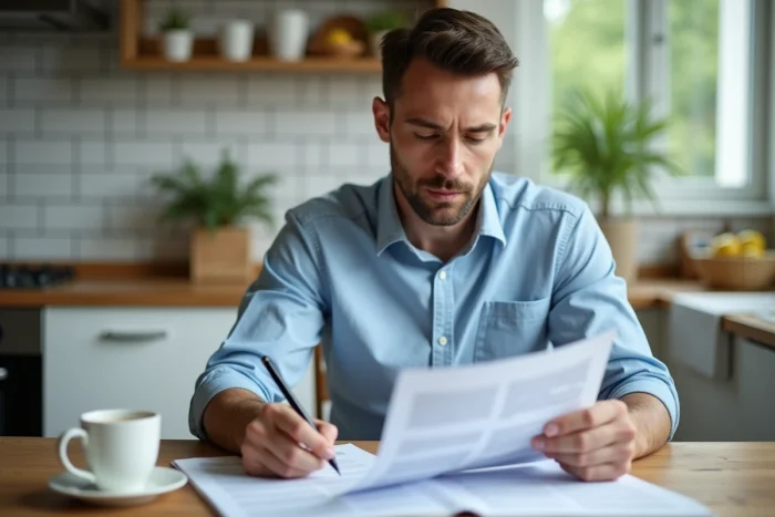 Homme lisant et annotant les documents d'un contrat Previlion à domicile