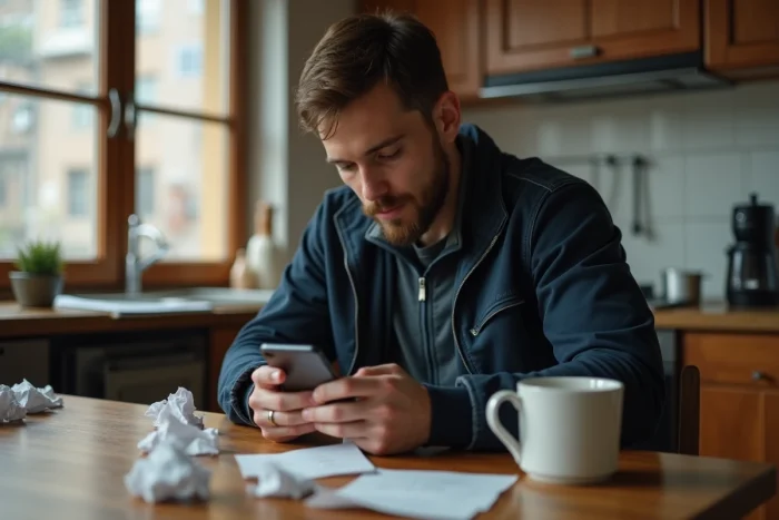 Homme consultant ses missions Roamler sur smartphone à la maison pour arrondir ses fins de mois