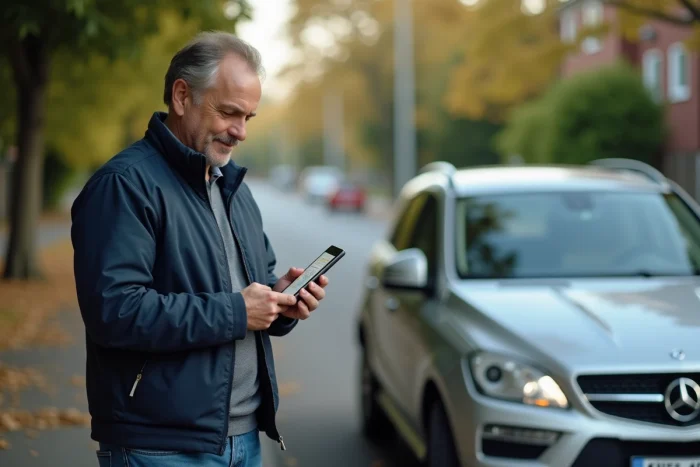Homme consultant une application de navigation sur smartphone avant un trajet en voiture