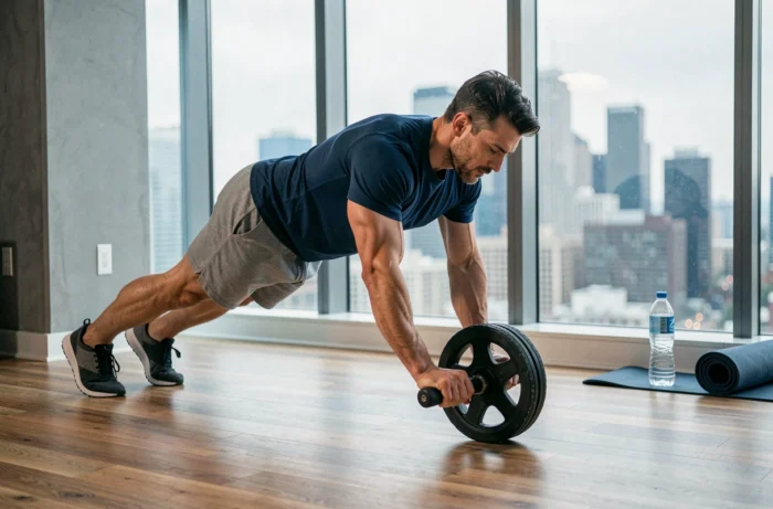 Homme utilisant une roue abdominale sur le sol d'un appartement moderne avec vue sur la ville pour muscler son ventre