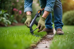 Homme utilisant un taille-bordure sans fil pour délimiter précisément les bords d'une pelouse le long d'un chemin en pierres