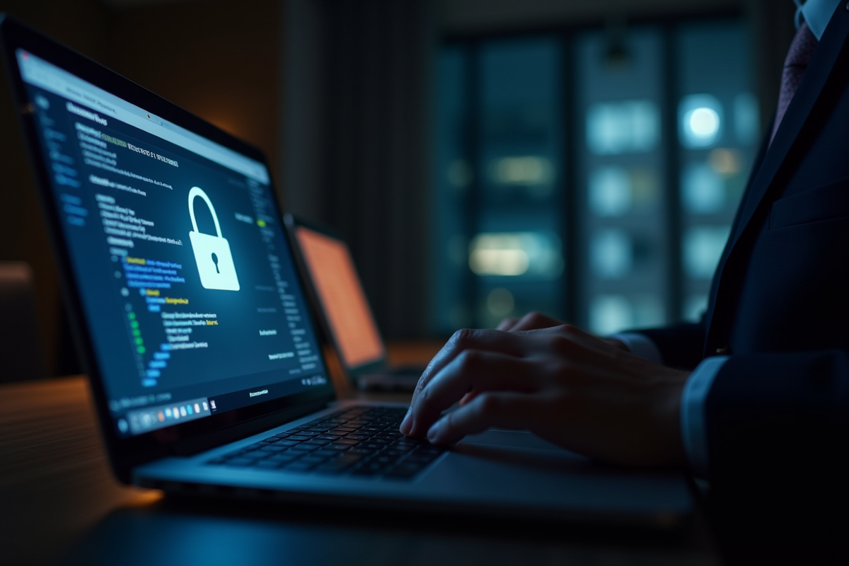 Interface de messagerie sécurisée sur un ordinateur portable dans une salle sombre