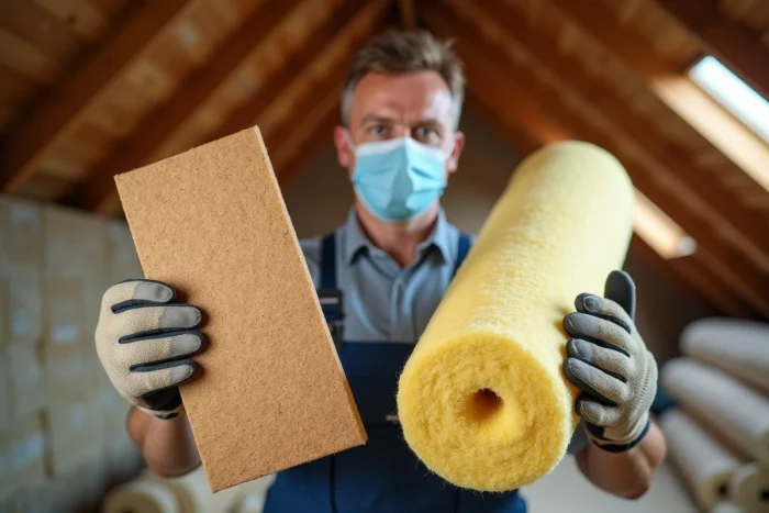 Artisan tenant deux échantillons d'isolants côte à côte : panneau en fibre de bois biosourcé et laine de verre minérale, pour comparer leurs performances