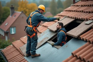 Ouvrier en combinaison de travail sur une toiture résidentielle en pente, illustrant le thème de l'isolation thermique de la toiture