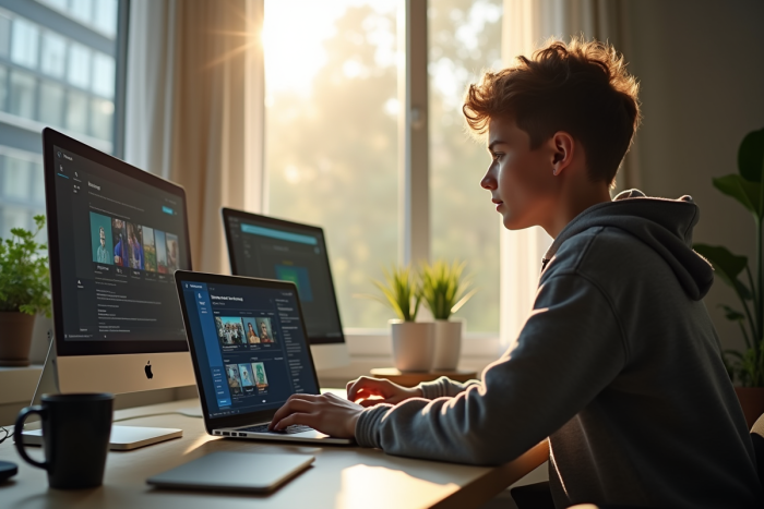 Jeune adulte concentré sur un ordinateur portable au bureau