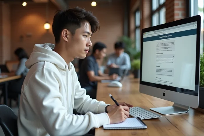 Jeune adulte prenant des notes sur le guide d'utilisation du CAFC en ligne dans un espace de coworking