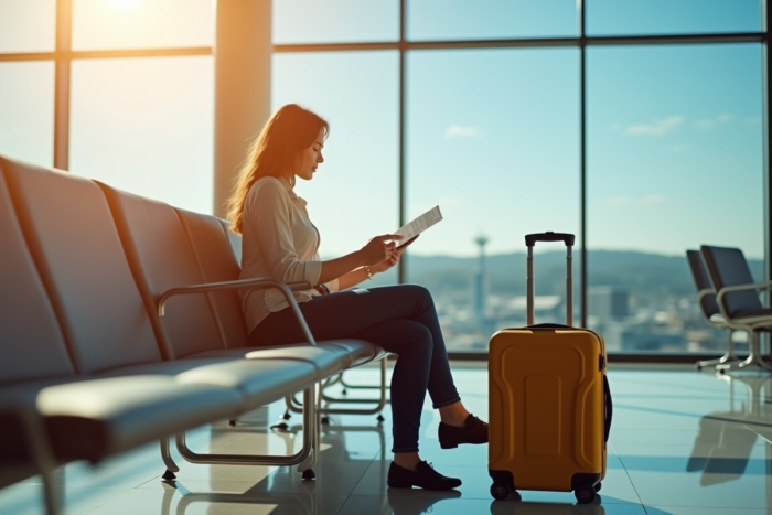 Jeune femme dans un aéroport ensoleillee avec passeport et valise