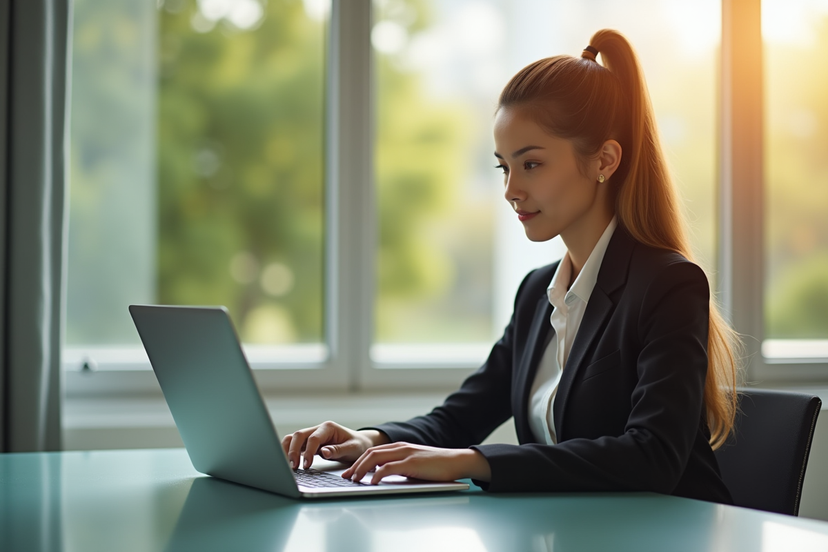Jeune femme confiante étudiant sur son ordinateur portable