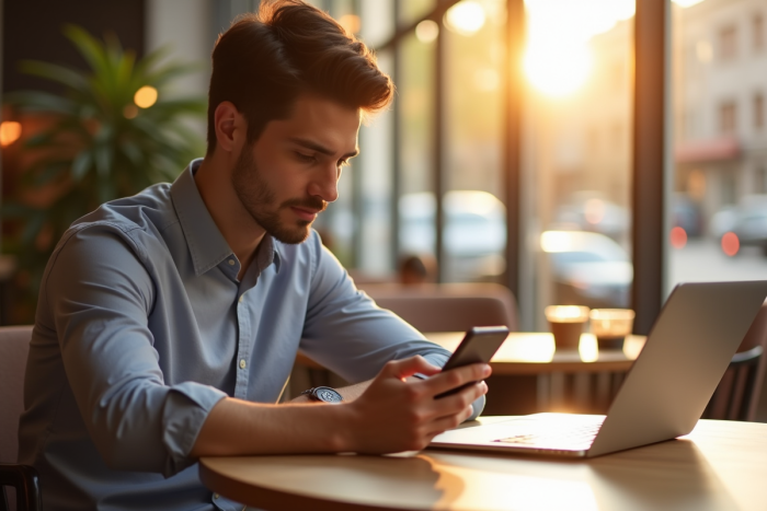 Jeune professionnel utilisant son smartphone pour banque en ligne