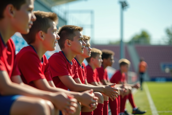 Jeunes joueurs de football écoutant une légende du sport