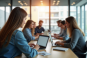 Groupe de jeunes professionnels dans un espace coworking lumineux