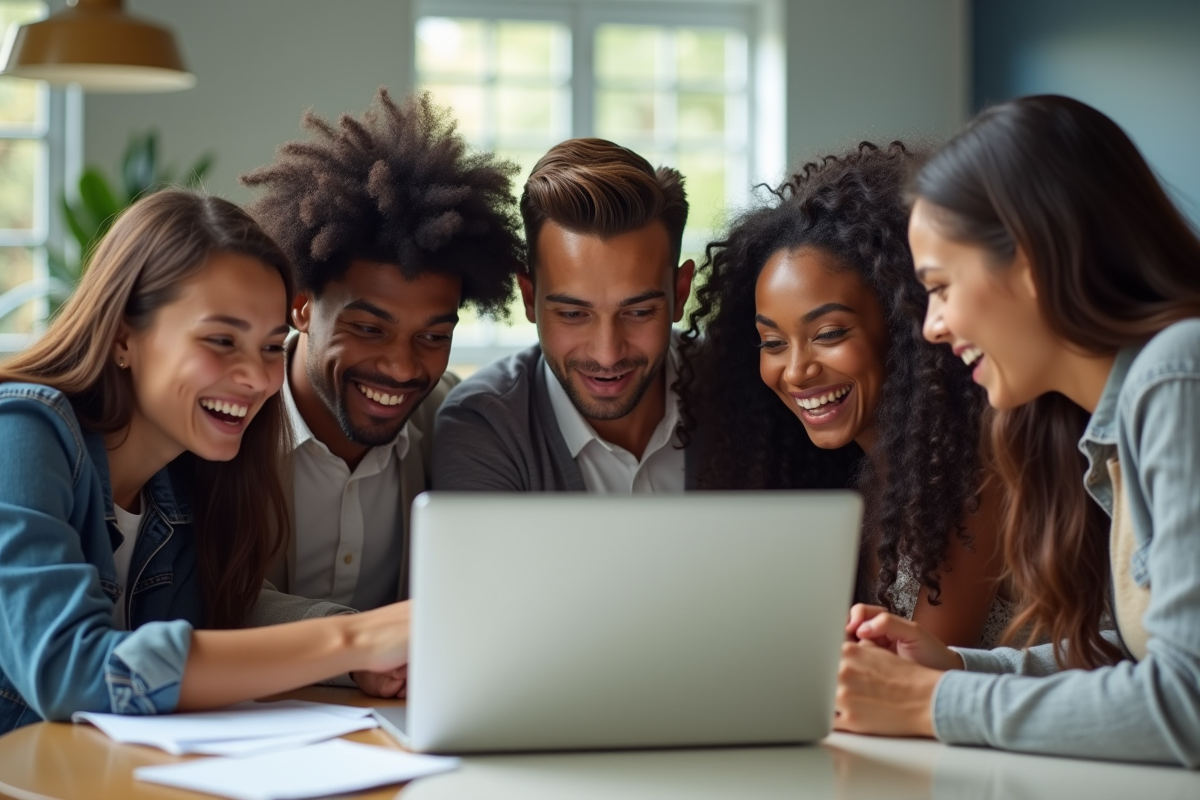 Jeunes adultes lisant une histoire en ligne dans un espace lumineux