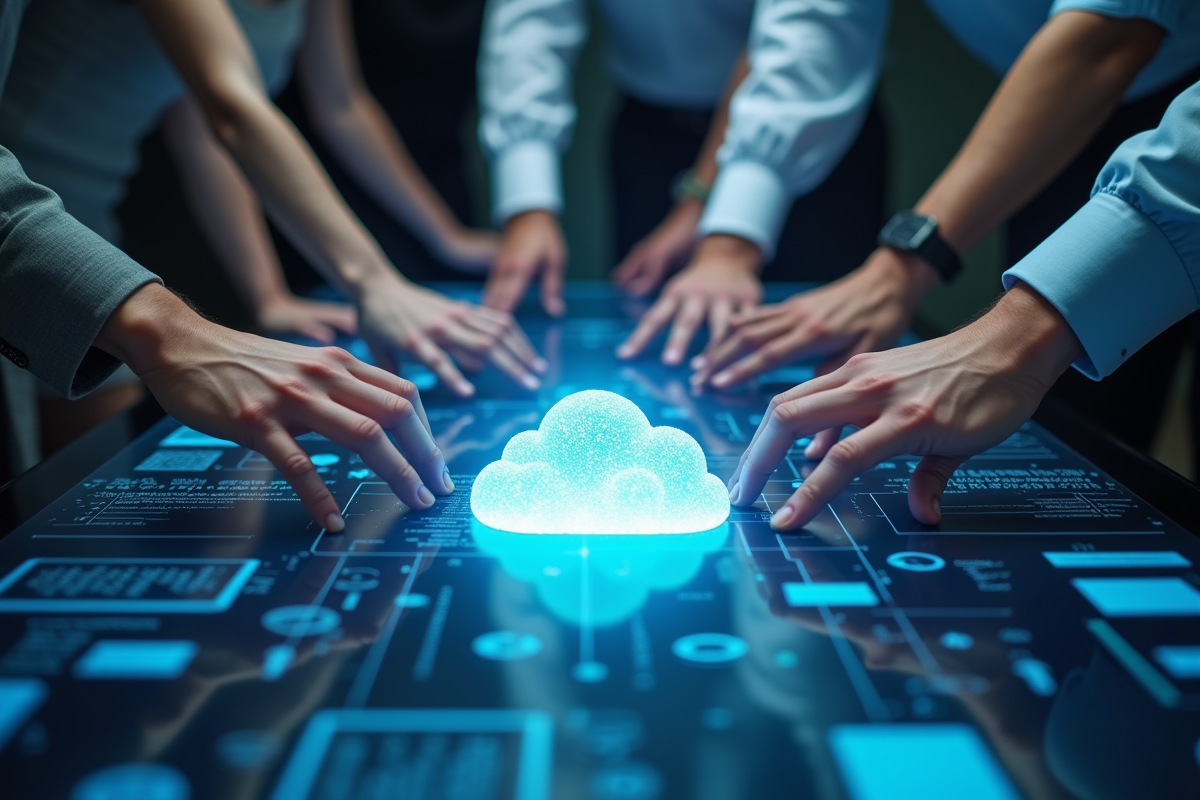 Plusieurs mains atteignant une icone nuage digital sur table tactile