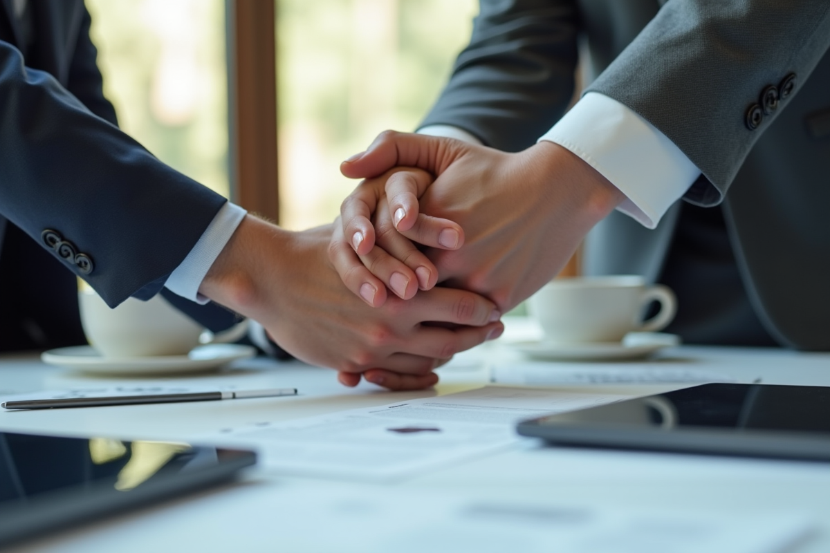 Mains empilées sur une table avec appareils et documents