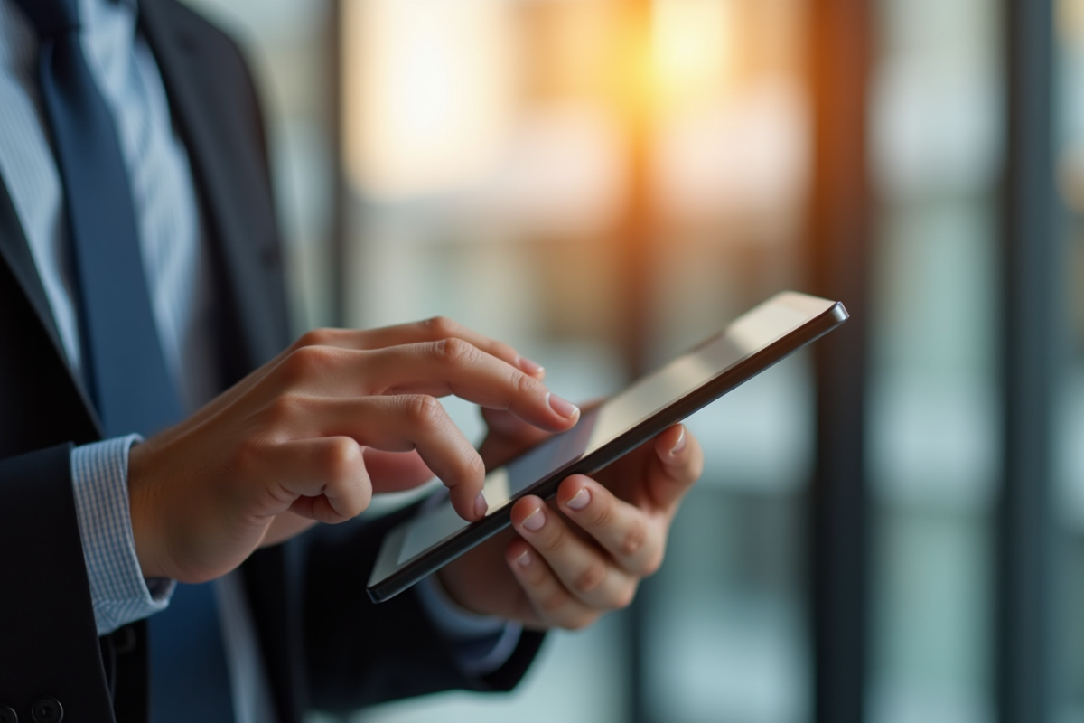 Mains tenant une tablette avec application bancaire en intérieur