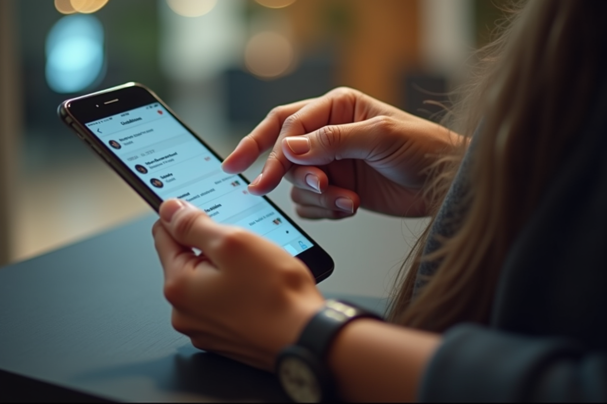 Mains tenant un smartphone répondant à des messages dans une ambiance lumineuse