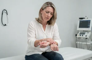 Femme ressentant un malaise vagal en consultation médicale, vérifiant son pouls au niveau du poignet