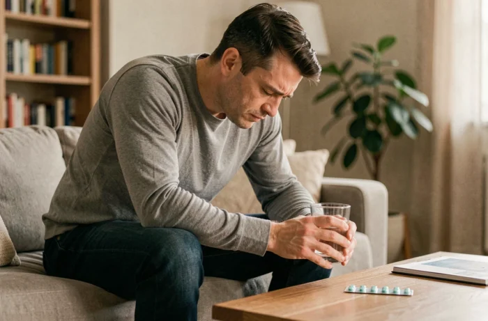 Homme en malaise vagal à domicile avec du paracétamol et un verre d'eau sur la table basse