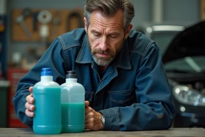 Mécanicien comparant deux bidons de lave-glace bleu et de liquide de refroidissement vert dans un garage automobile