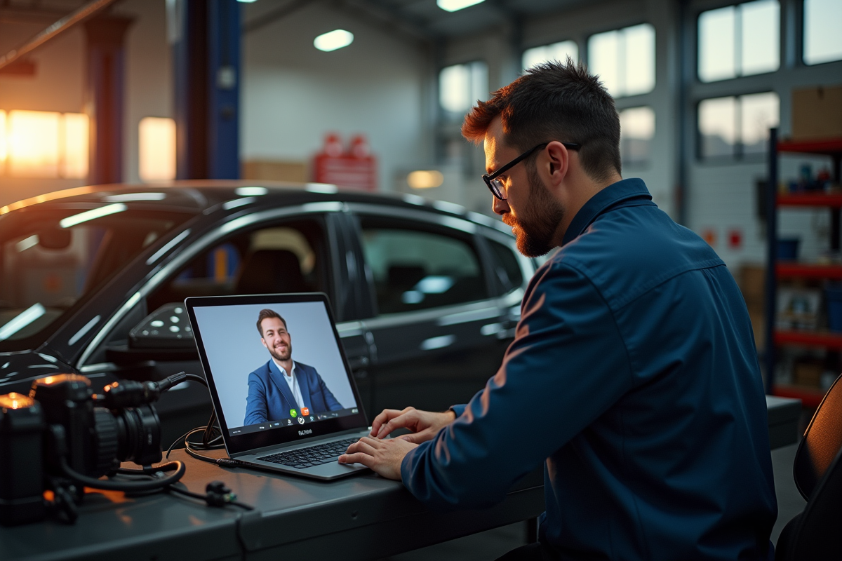 Mécanicien en garage utilisant une tablette pour une visioconférence