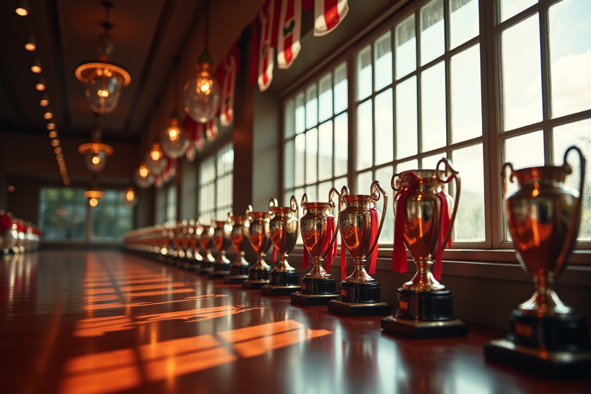 Objets de football légendaires dans une salle de trophées bien éclairée
