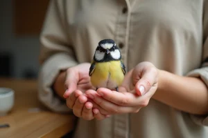 Mésange charbonnière tombée du nid tenue délicatement dans les mains d'une femme prête à la nourrir