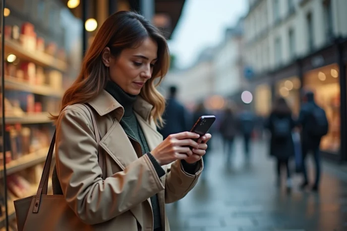 Femme réalisant une mission terrain Roamler en rue pour évaluer un commerce et gagner un complément de revenu