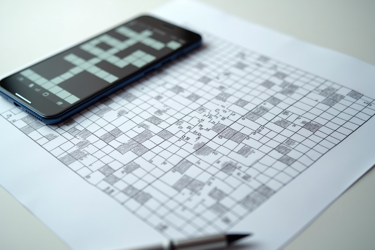 Grille de mots croises sur papier blanc avec smartphone en gros plan