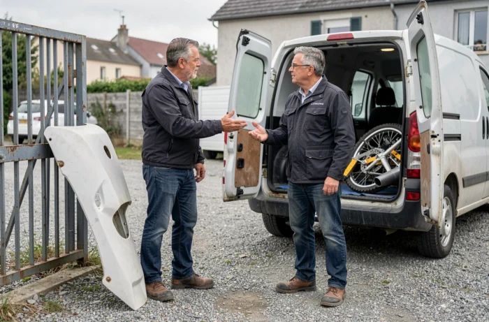 Deux hommes négociant l'achat d'un carénage de moto d'occasion entre particuliers en France