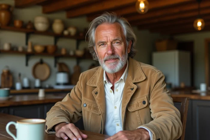 Homme distingué aux cheveux argentés assis dans une cuisine de ferme américaine rustique, évoquant le style de vie de l'élite du Montana