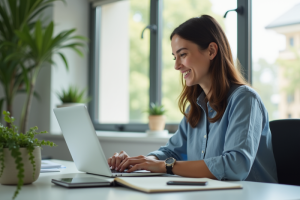 Personne souriante travaillant sur un ordinateur portable à un bureau lumineux