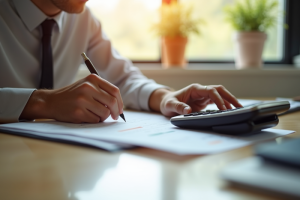 Personne travaillant sur un bureau lumineux avec calculatrice et notes