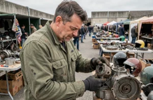 Homme inspectant une pièce de moto d'occasion sur un marché aux puces en France